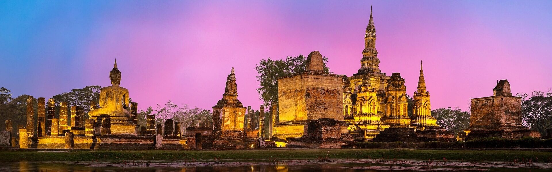 Iconic Ayutthaya ruins at sunset for a vibrant Ayutthaya Tours banner with Legend Travel Group.